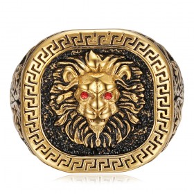 Lion head ring Greek key Stainless steel Black gold Red ruby IM#25164