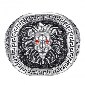 Lion head ring greek key Stainless steel Silver Black Red Ruby IM#25171
