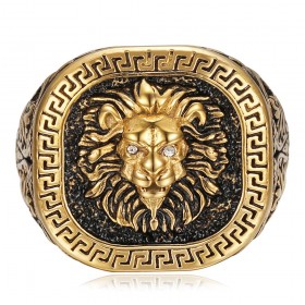 Lion head ring with greek key Stainless steel Black gold Diamond IM#25178