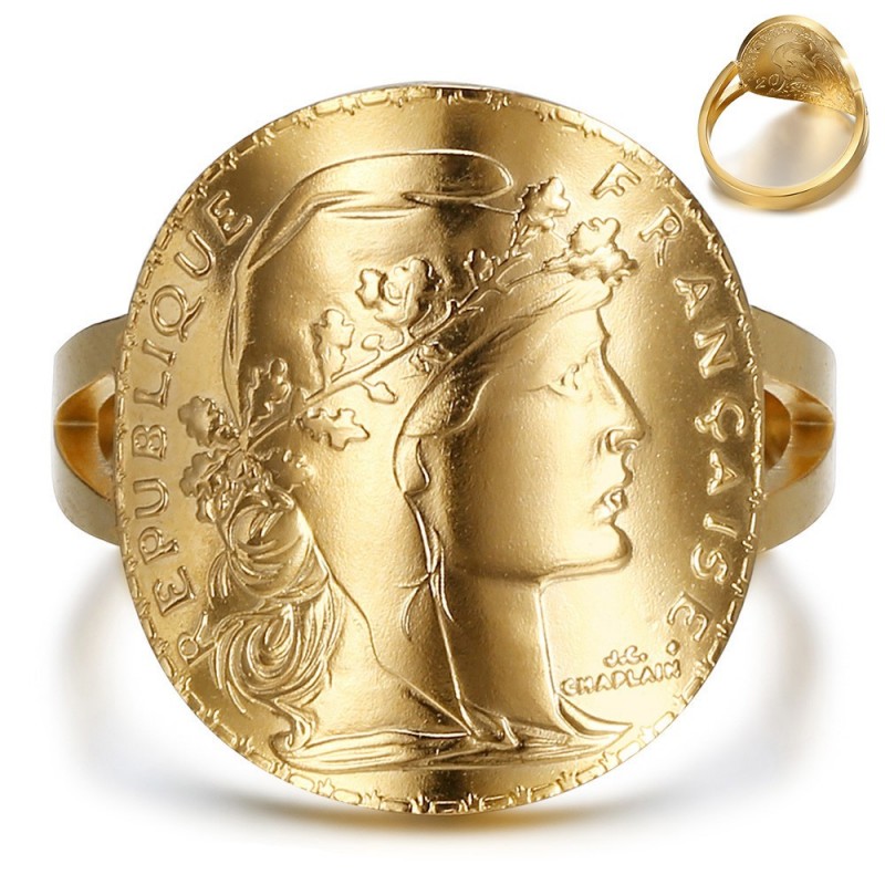 Ring marianne Coin 20 Francs curved Steel Gold IM#25475 Ring marianne Coin 20 Francs curved Steel Gold IM#25475