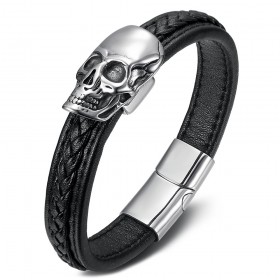Biker Bracelet Black Leather Skull Stainless Steel IM#25567