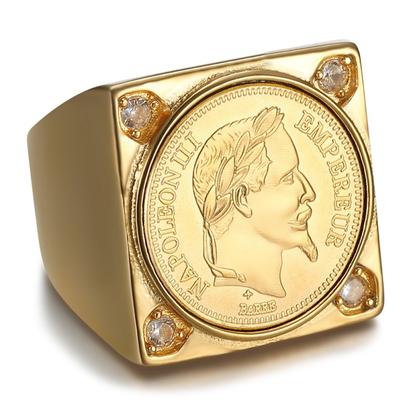 Chevalière Napoléon carrée Acier inoxydable Or 4 Diamants IM#25587 Chevalière Napoléon carrée Acier inoxydable Or 4 Diamants IM#25587