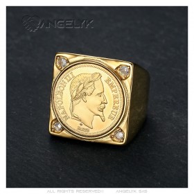Chevalière Napoléon carrée Acier inoxydable Or 4 Diamants  IM#25589