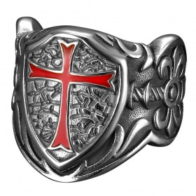 Knights Templar Ring Red Cross Coat of Arms Shield Steel Silver IM#25658