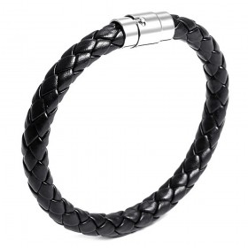 Bracelet cuir noir véritable tressé et acier inoxydable  IM#25795