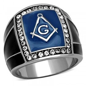 BA0062 BOBIJOO Jewelry Ring Signet Masonic Frank Mason Blue Email Black Stainless Steel
