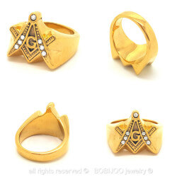 BA0065 BOBIJOO Jewelry Ring Signet Masonic Frank Mason Stainless Steel Golden Rhinestone