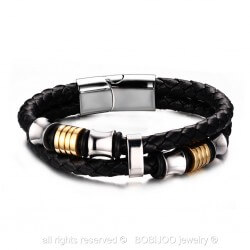 BR0104 BOBIJOO Jewelry Bracelet Real Black Leather Stainless Steel charms