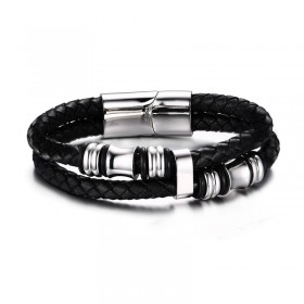 BR0105 BOBIJOO Jewelry Bracelet Real Black Leather Stainless Steel charms