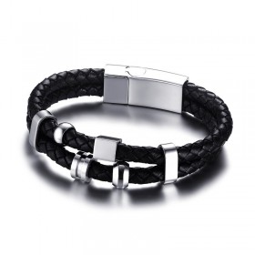 BR0108 BOBIJOO Jewelry Bracelet Real Leather Black Stainless Steel