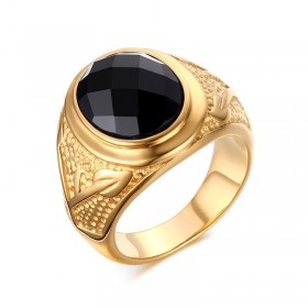 BA0113 BOBIJOO Jewelry Signet ring Black Agate, Gold Decor Branch