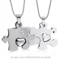 PE0032 BOBIJOO Jewelry Double Collar Pendant Necklace Couple Puzzle Silver Steel