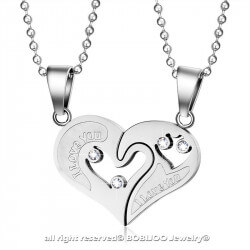 PE0053 BOBIJOO Jewelry Necklace Pendant Couple Heart Split I Love You Steel, Silver