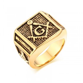 BA0146 BOBIJOO Jewelry Signet Ring Freemasonry Columns, Gilded Gold Finish G