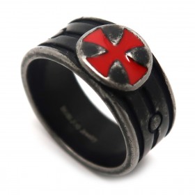 BA0181 BOBIJOO Jewelry Ring Templar Steel Antiqued Black Vintage Red Cross