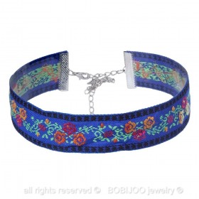 COF0020B BOBIJOO Jewelry Round Neck collar Fabric Flower Blue Bohemian