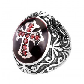 BA0205 BOBIJOO Jewelry Ring Signet ring Man Red Latin Cross templar Steel